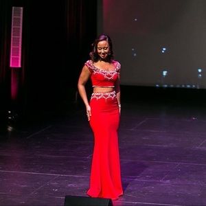 Red two piece gown with custom handmade beading